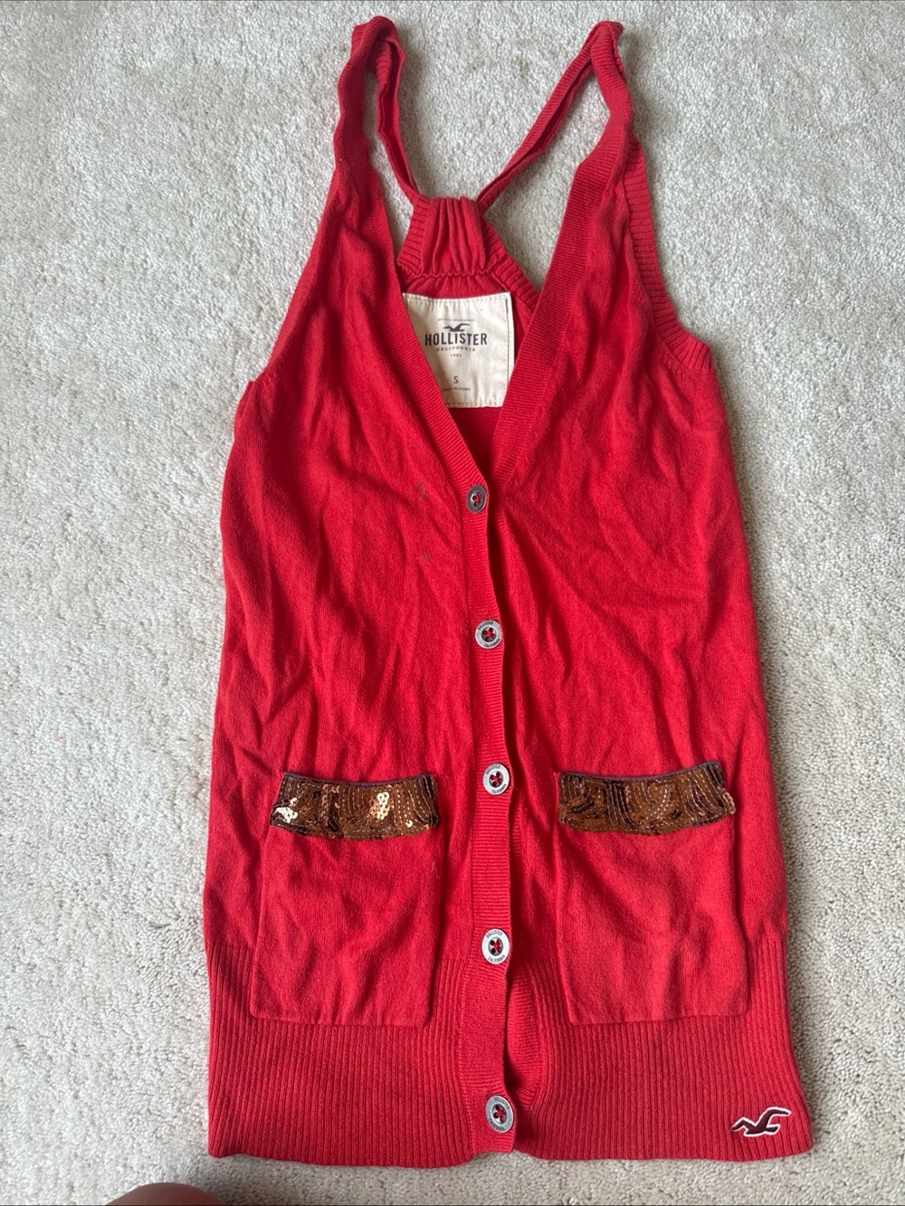 Hollister Red Button-Front Sequin-Pocket Racerback Dress